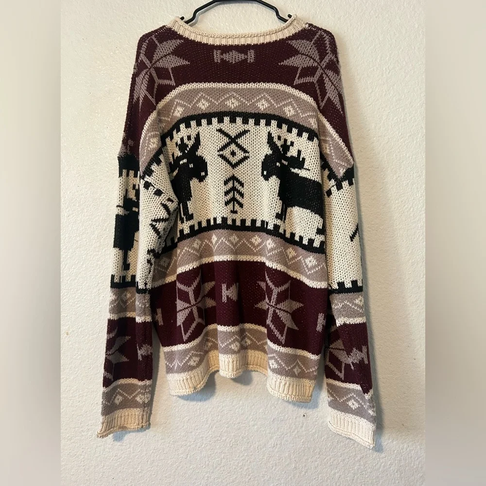 Idea Series Maroon and Beige Moose Sweater Small Silk Acrylic Blend Oversized - Picture 8 of 11